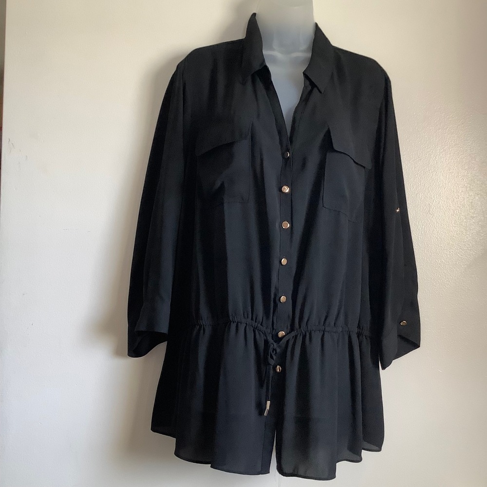 Lane Bryant Womens Black Chiffon Drawstring Waist Tunic Top Gold Buttons 22/24 - Picture 8 of 9